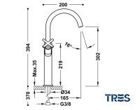 MEDIDAS MEZCLADOR BIMANDO LAVABO ALTO MONTBLANC TRES GRIFERIA